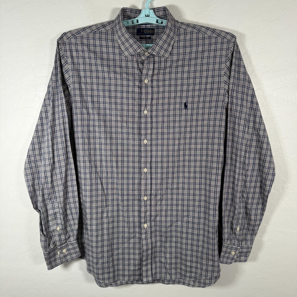 Polo Ralph Lauren Shirt Mens 2XL‎ Blue Button Up Performance Cotton Blend Plaid
